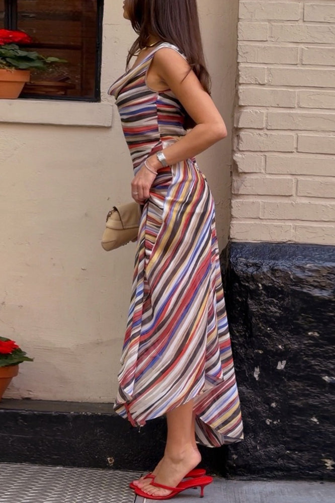 Striped Cowl Neck Asymmetric Slip Midi Dress 7