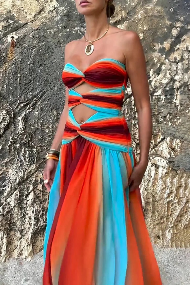 Sardinia Sunset Mesh Printed Twist Cutout Off Shoulder Vacation Maxi Dress - Fashionpara