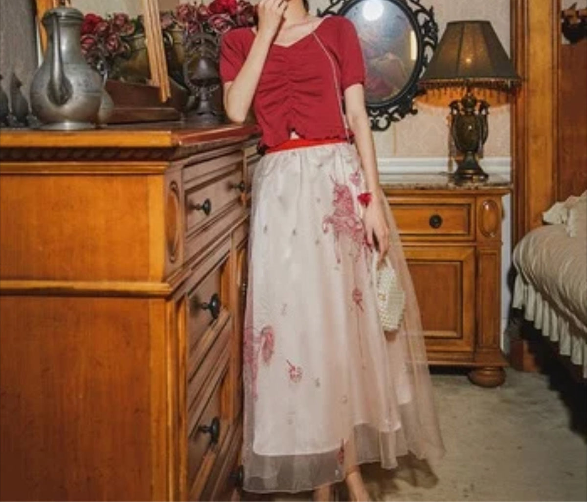 Organza Floral Embroidery Sweet Fashion Two Layered Skirt