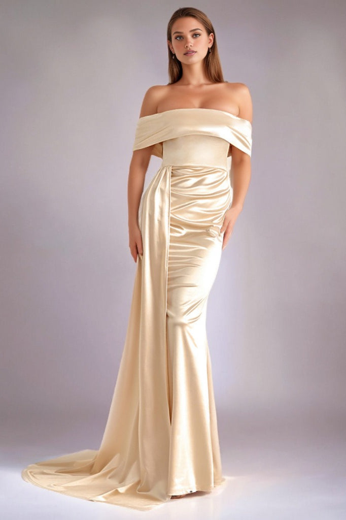 Satin Off Shoulder Ruched High Split Maxi Formal Gown