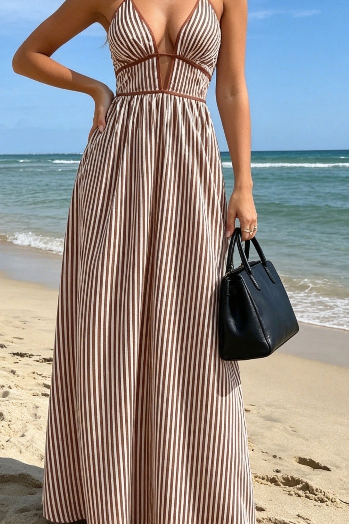 Striped Deep V Strappy Backless Maxi Dress 11