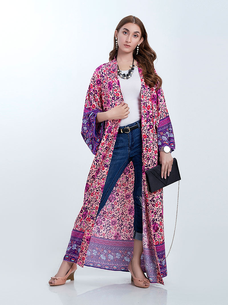 Bridal Wear Long Length Floral Print Purple Color Cotton Gown Kimono Robe - Fashionpara