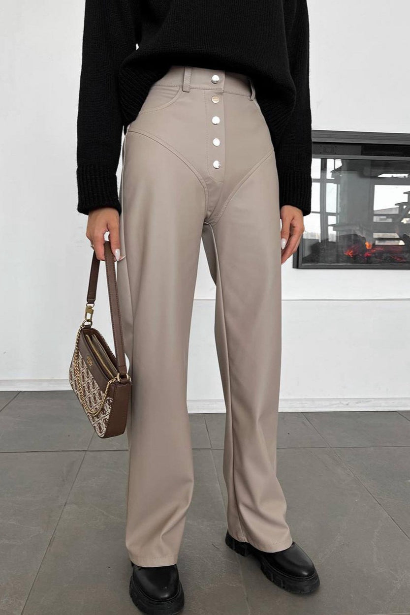 Chic Leather Patchwork Slim Straight Pants