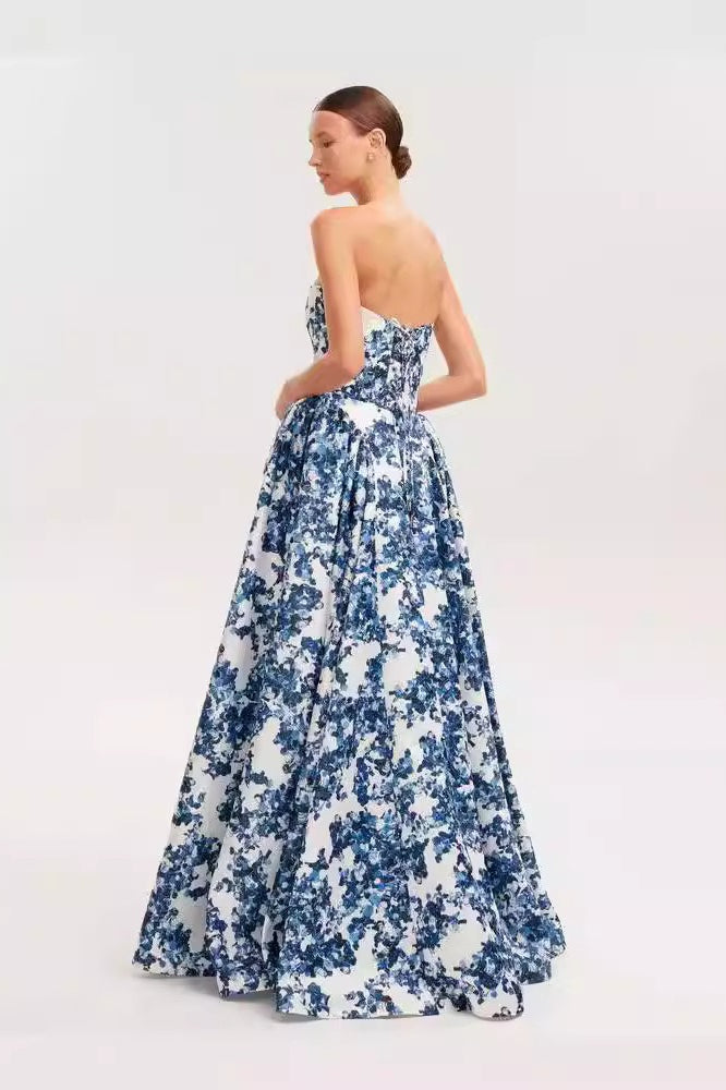 Floral Print Strapless Pleated A-Line Ball Gown