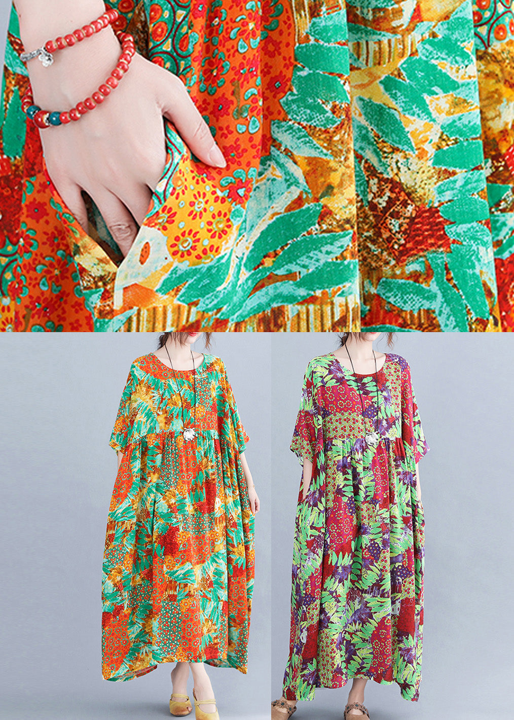 Patchwork Floral Print Round Neck Short Sleeve Maxi Dress - View 5