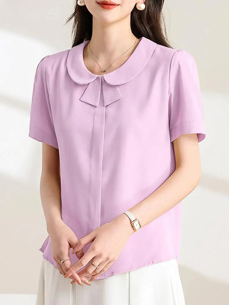 Casual Loose Lapel Solid Color Short Sleeve Blouse