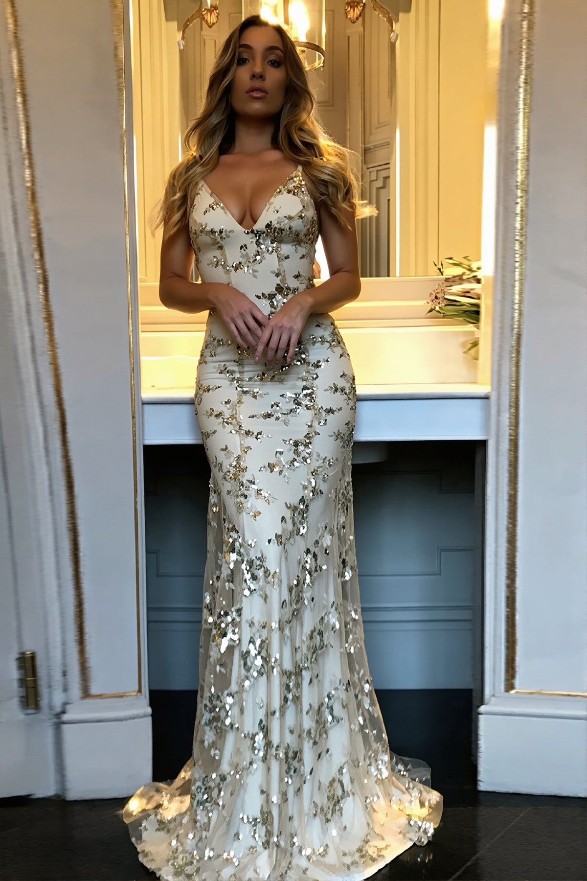 Sequin Floral V-Neck Backless Fishtail Maxi Gown 6