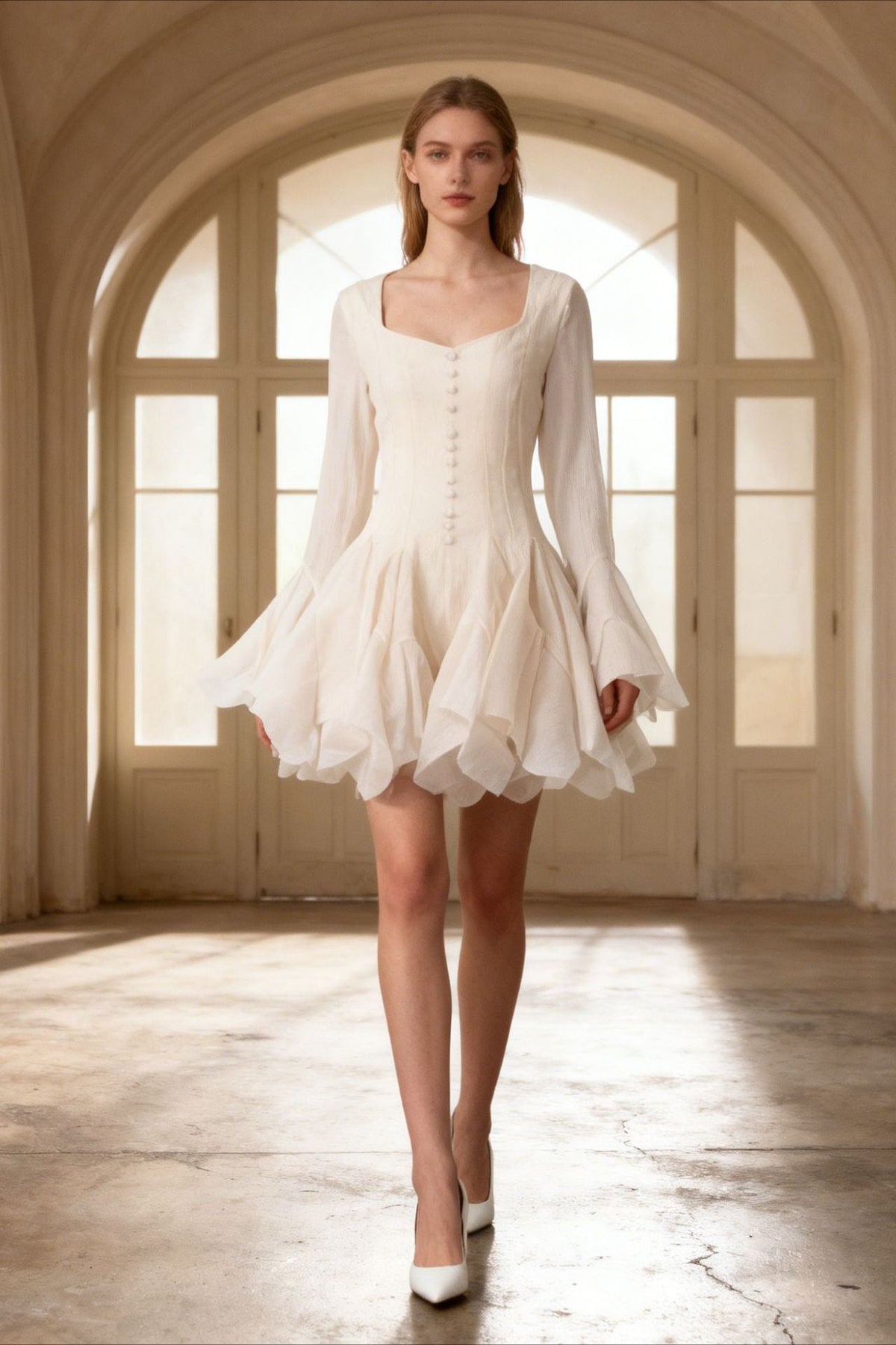 Square Neck Long Sleeve Button-Front Ruffle Hem Mini Dress