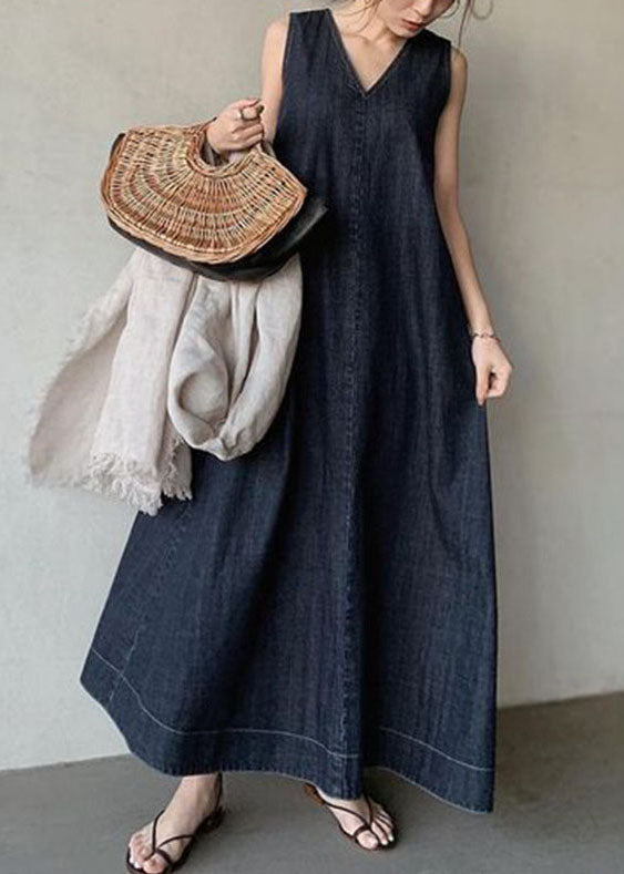 Denim Sleeveless Deep V-Neck A-Line Maxi Dress - View 3