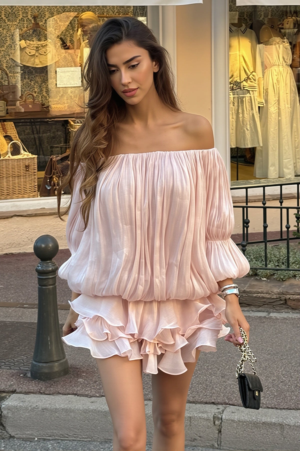 Off Shoulder Puff Sleeve Ruffle Tiered Mini Dress