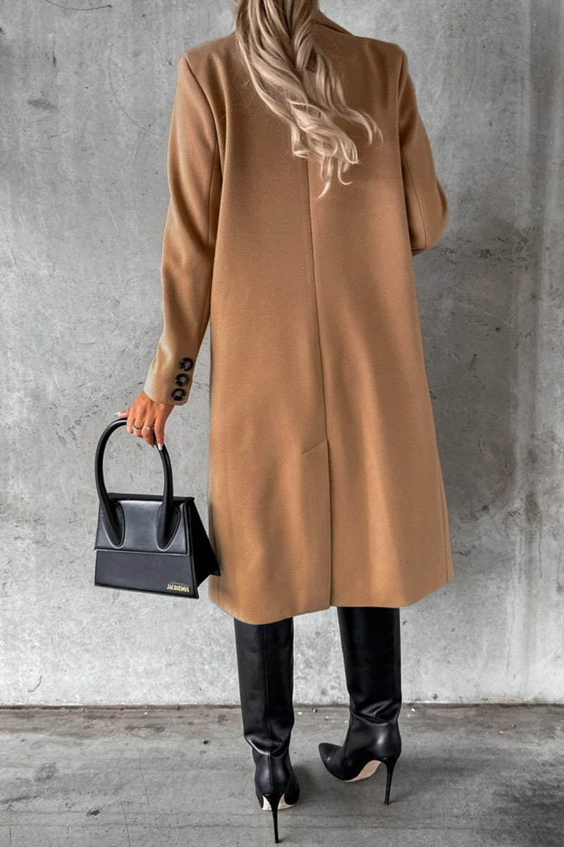 Solid Color Long Sleeve Double Breasted Coat with Pockets - Fashionpara