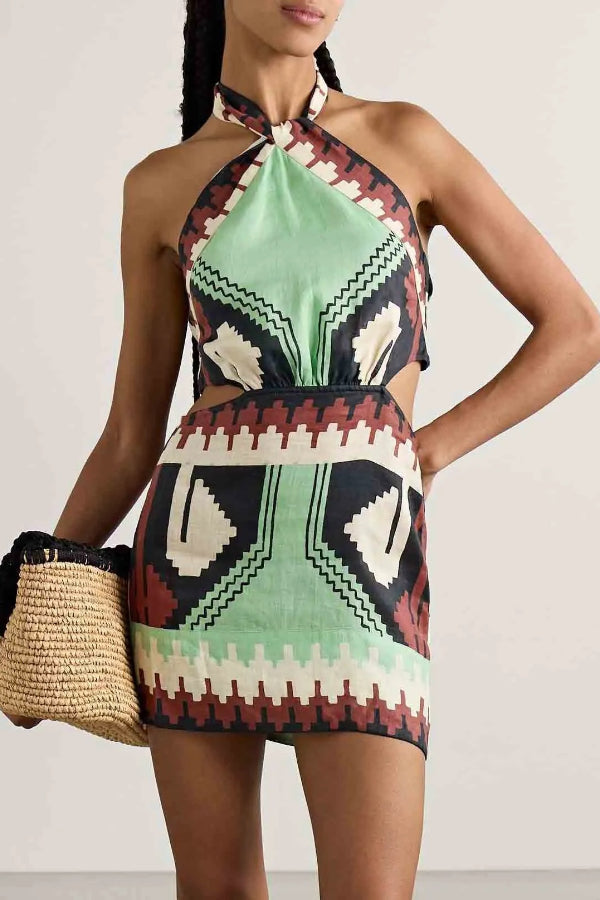 Unique Vintage Ethnic Print Backless Mini Dress - Fashionpara