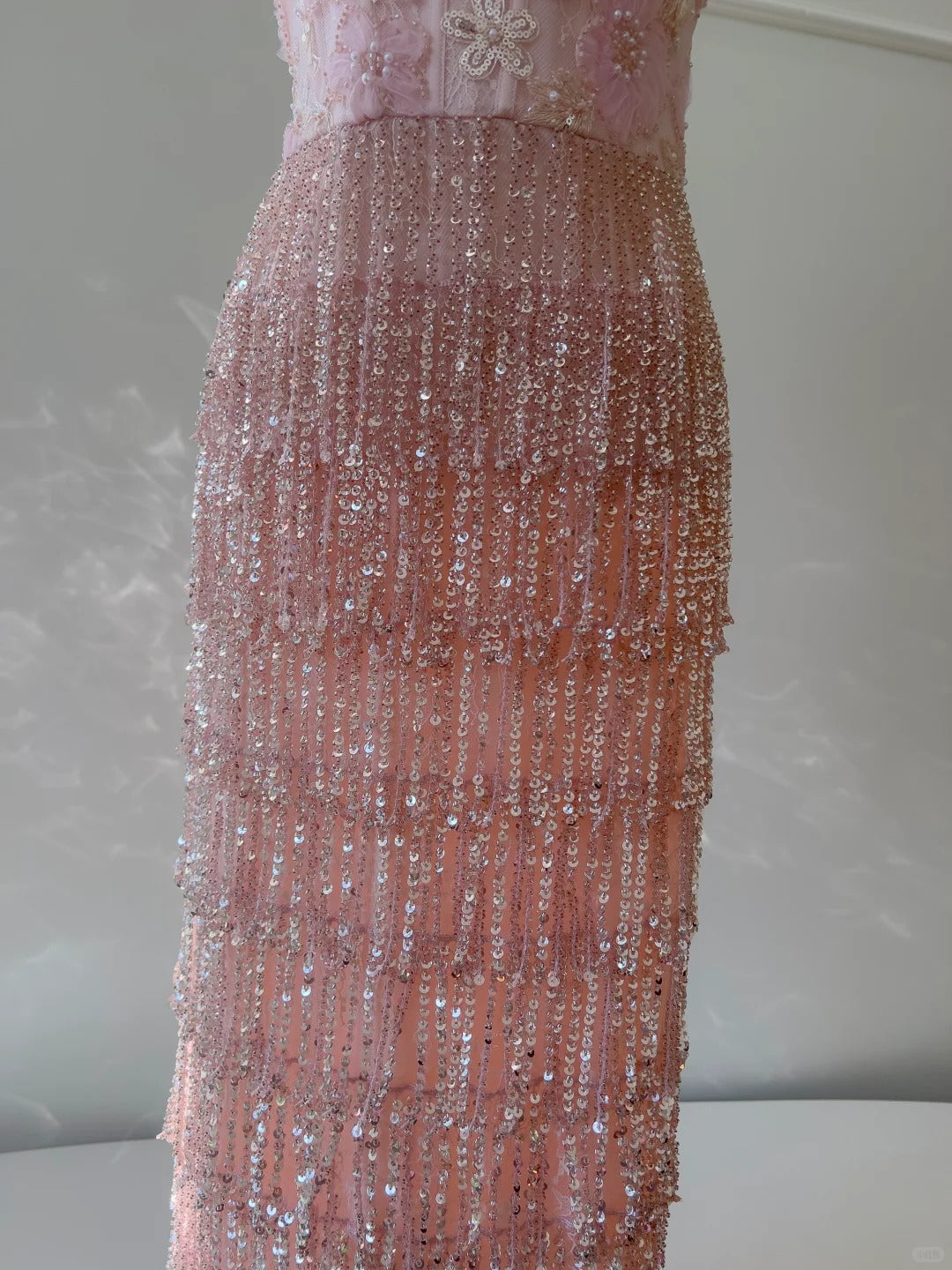 Gorgeous Pink Slim Square Neck 3D Flower Sequin Tassel Long Prom Dress Evening Dress P4054