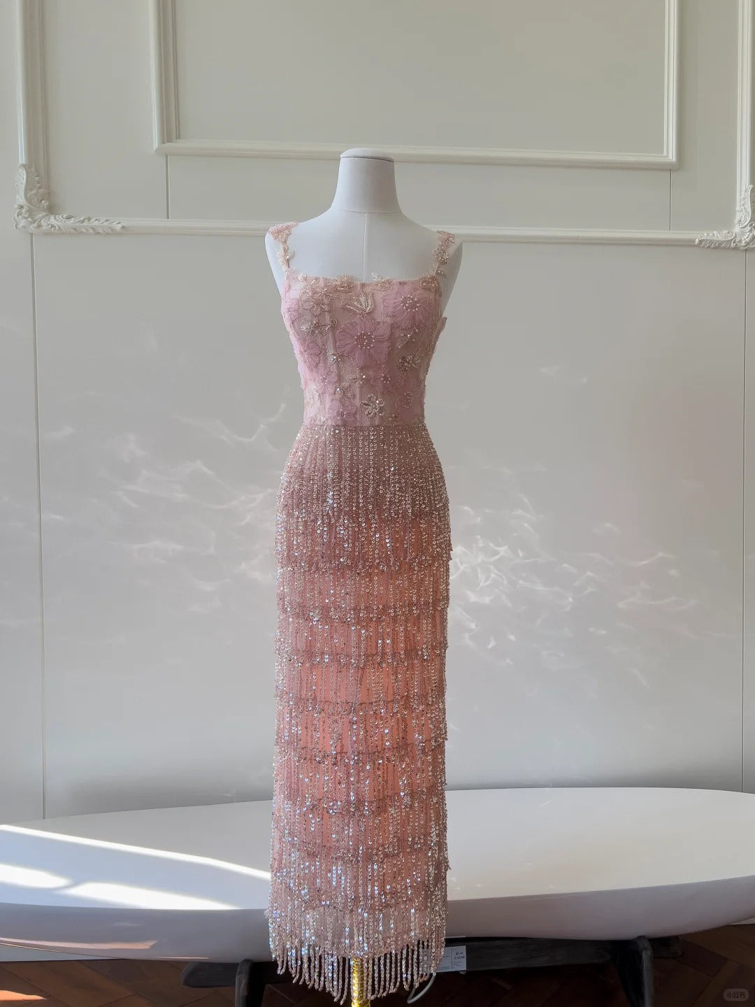 Gorgeous Pink Slim Square Neck 3D Flower Sequin Tassel Long Prom Dress Evening Dress P4054