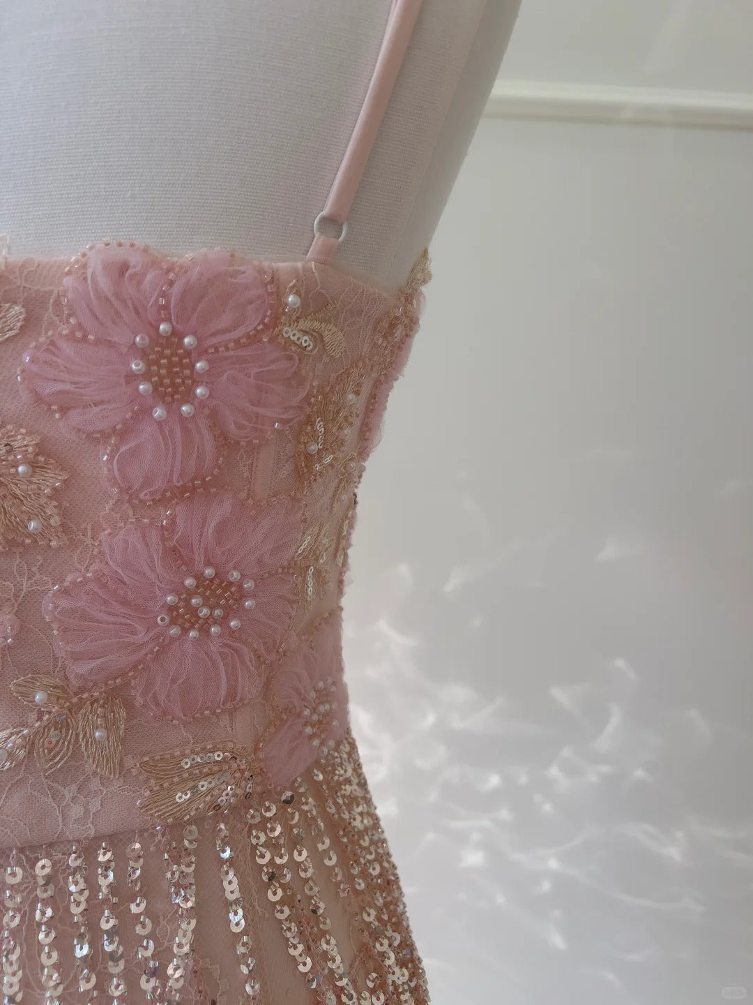 Gorgeous Pink Slim Square Neck 3D Flower Sequin Tassel Long Prom Dress Evening Dress P4054