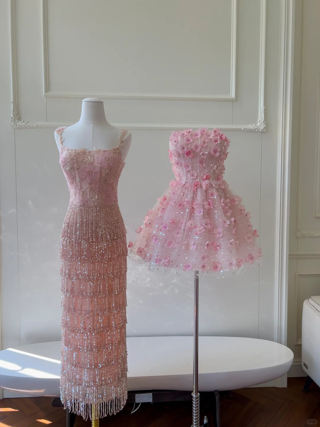 Gorgeous Pink Slim Square Neck 3D Flower Sequin Tassel Long Prom Dress Evening Dress P4054