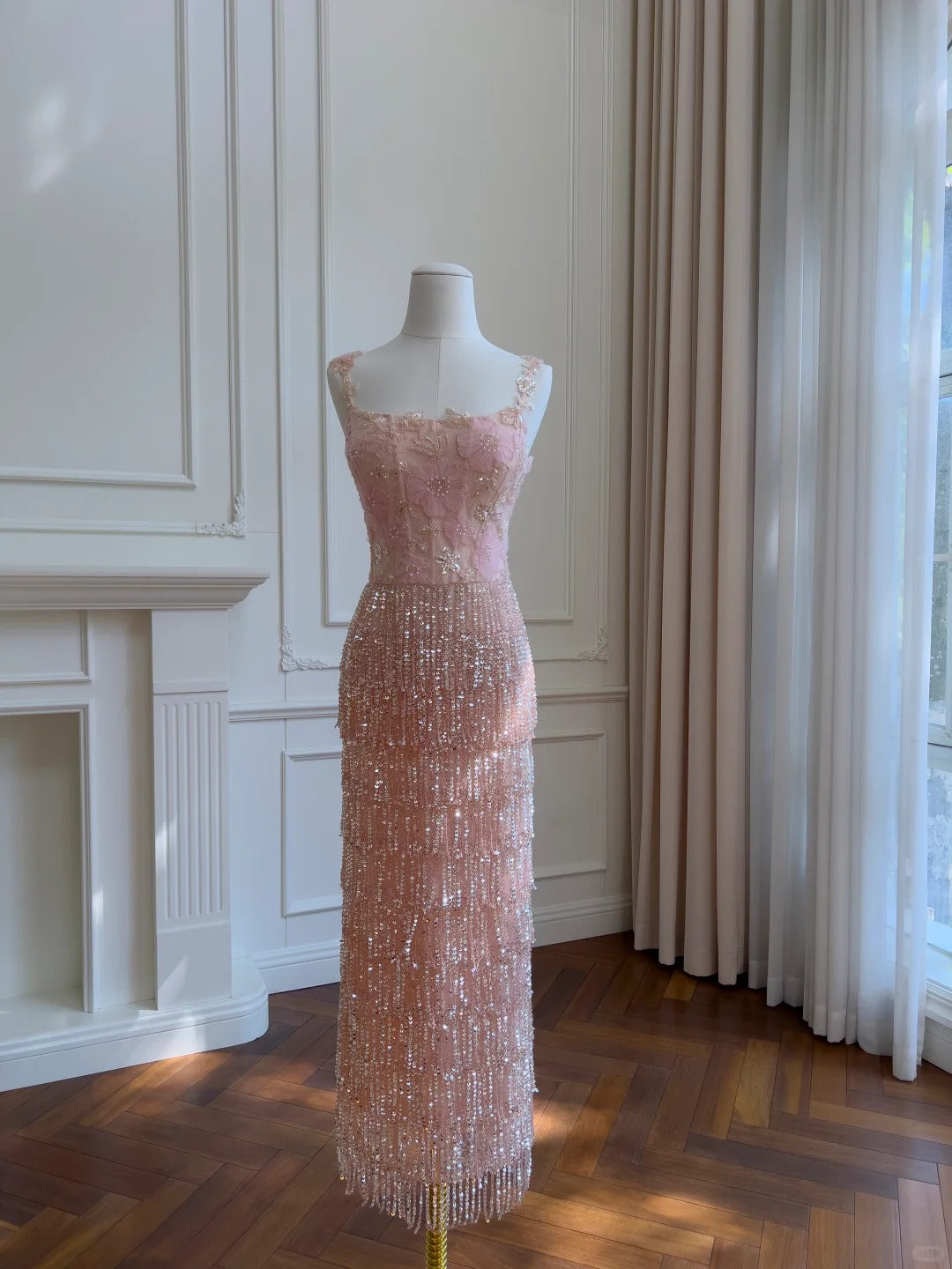 Gorgeous Pink Slim Square Neck 3D Flower Sequin Tassel Long Prom Dress Evening Dress P4054