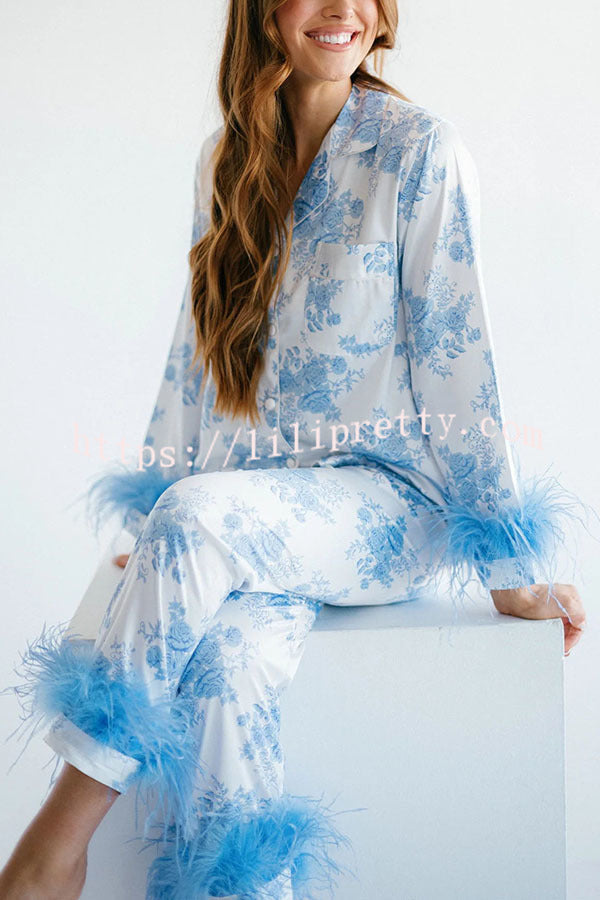 Sweet Daydreamer Floral Printed Feather Trim Elastic Waist Pocketed Pajama Set - Fashionpara