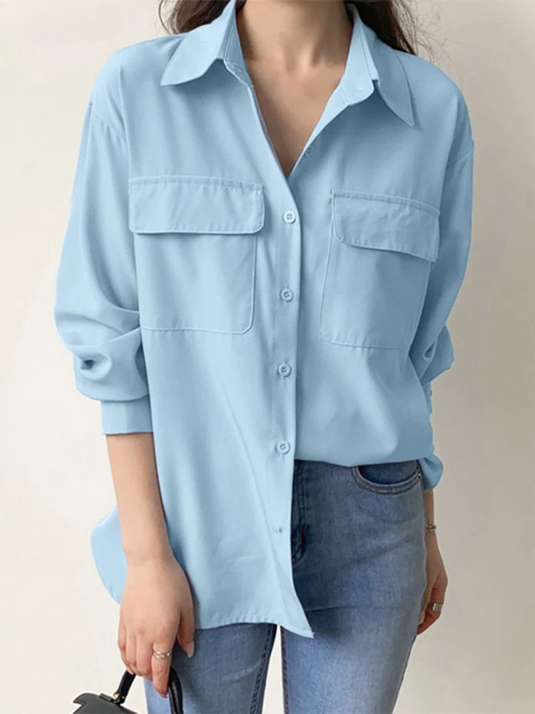 Solid Harajuku Lapel Blouse Casual Blouse Blue / S blouse-250126