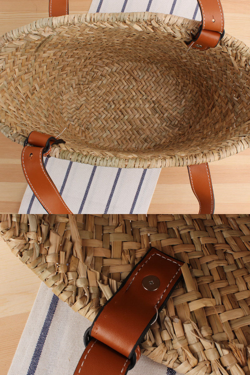 Beach Leather Shoulder Straps Woven Straw Basket Bag - Fashionpara