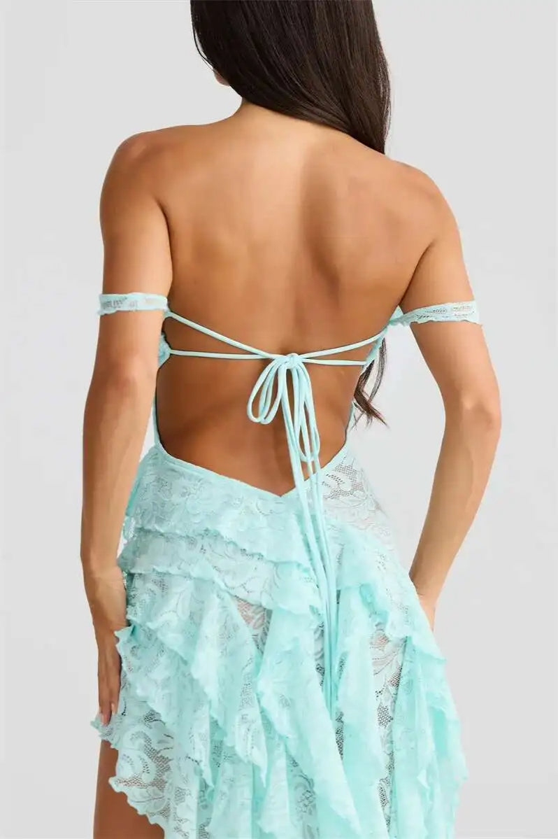 Lace Ruffle Off Shoulder Midi Dress