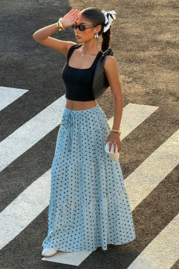 Polka Dot Ruffle Maxi Skirt