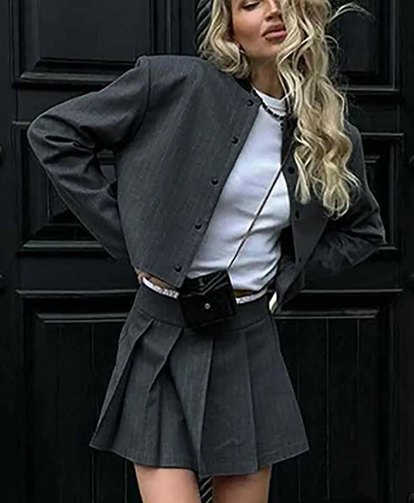 Grey Print O-Neck Pleated Mini Office Two Piece Set