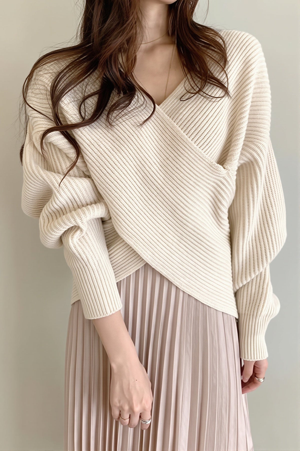 Wrap Front V Neck Relaxed Sweater