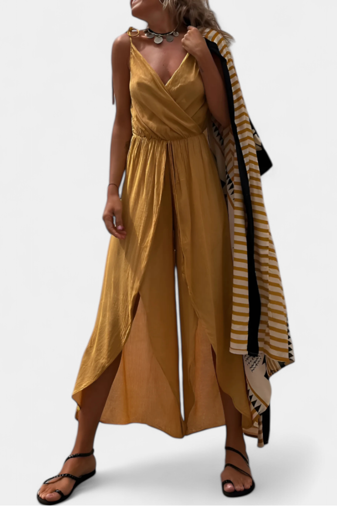Satin Wrap V-Neck Spaghetti Strap High Split Wide Leg Jumpsuit