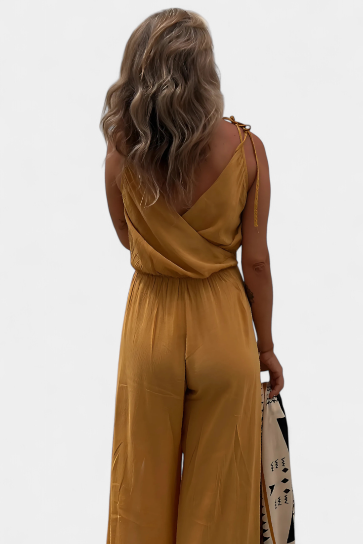 Satin Wrap V-Neck Spaghetti Strap High Split Wide Leg Jumpsuit 2