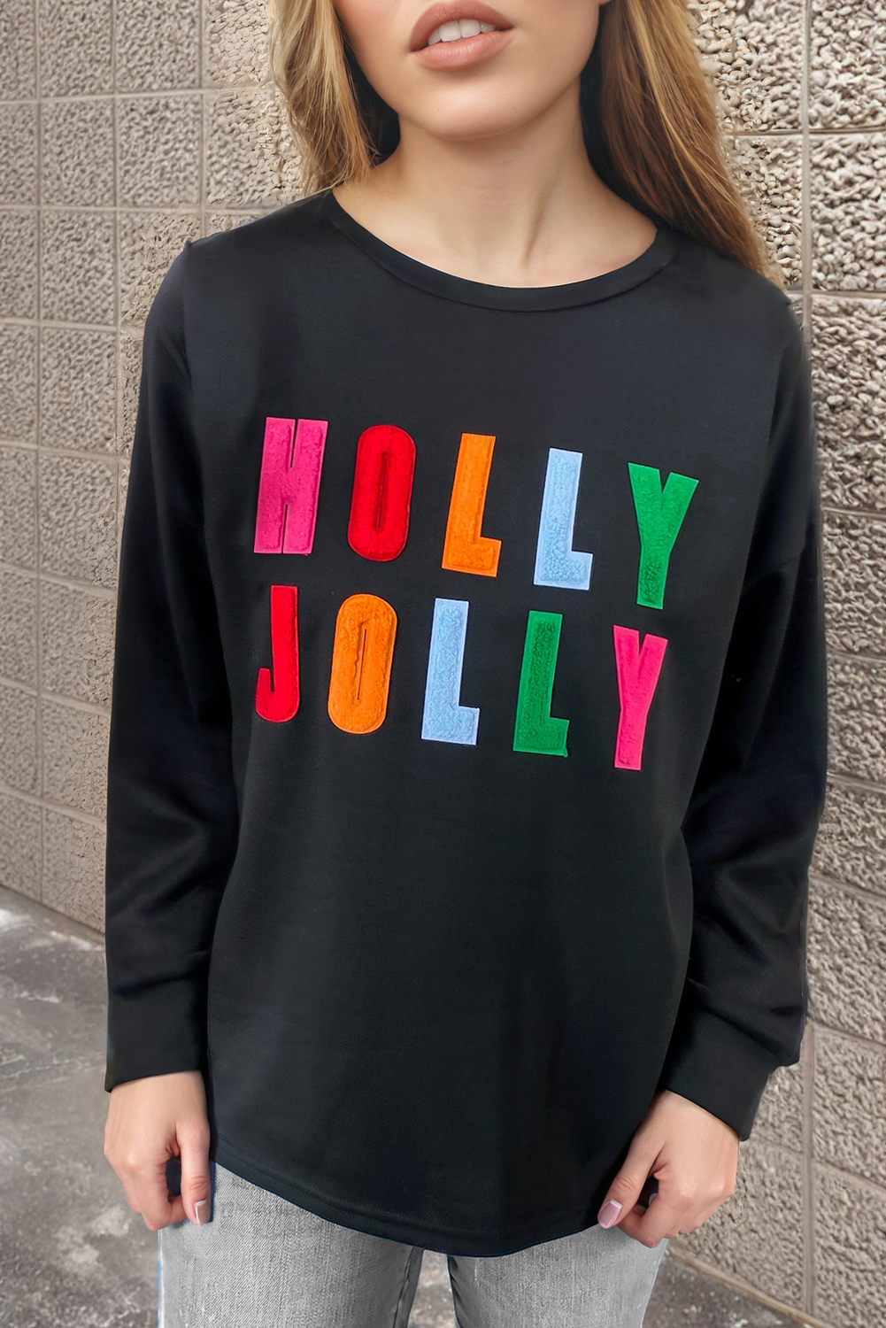 Bonbon Chenille Holly Jolly Graphic Long Sleeve Top