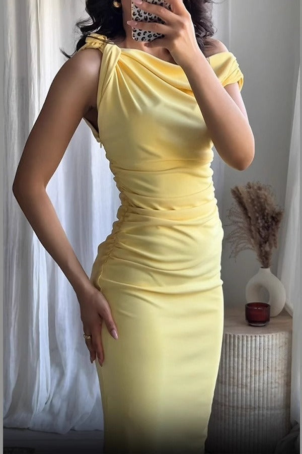 Satin Cowl Neck Ruched Asymmetric Bodycon Maxi Dress - View 2