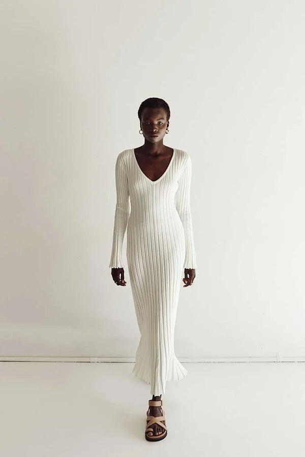 Ribbed Knit V-Neck Long Sleeve Bodycon Maxi Dress - View 11