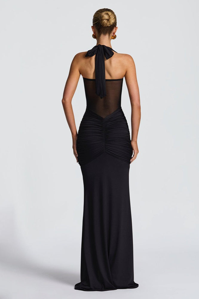 Halter Twist-Front Mesh Panel Ruched Mermaid Gown