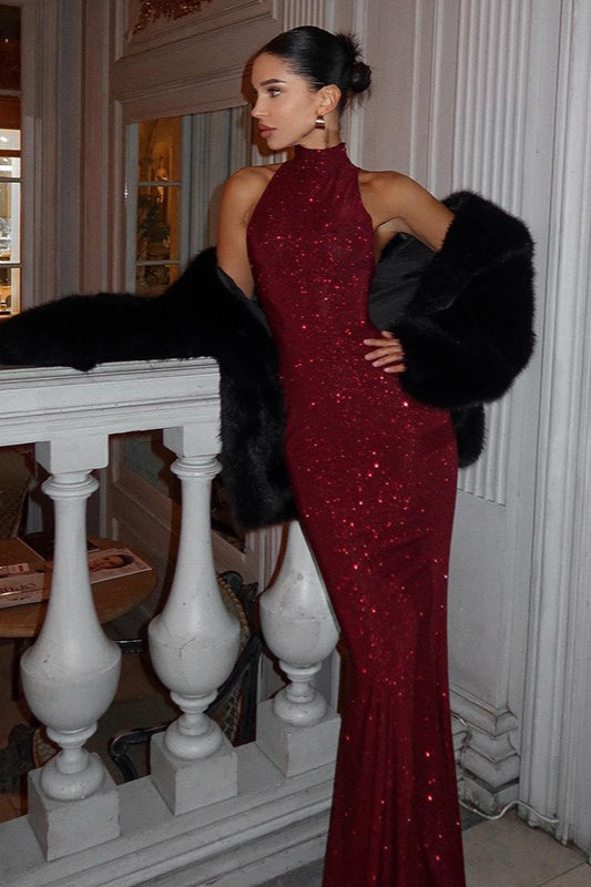 Sequin High Neck Open Back Column Maxi Gown