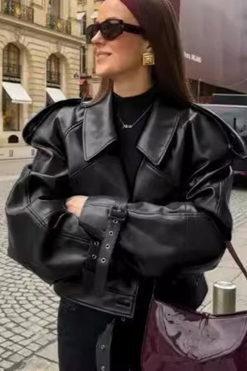 Retro Notch Lapel Vegan Leather Coat - Fashionpara