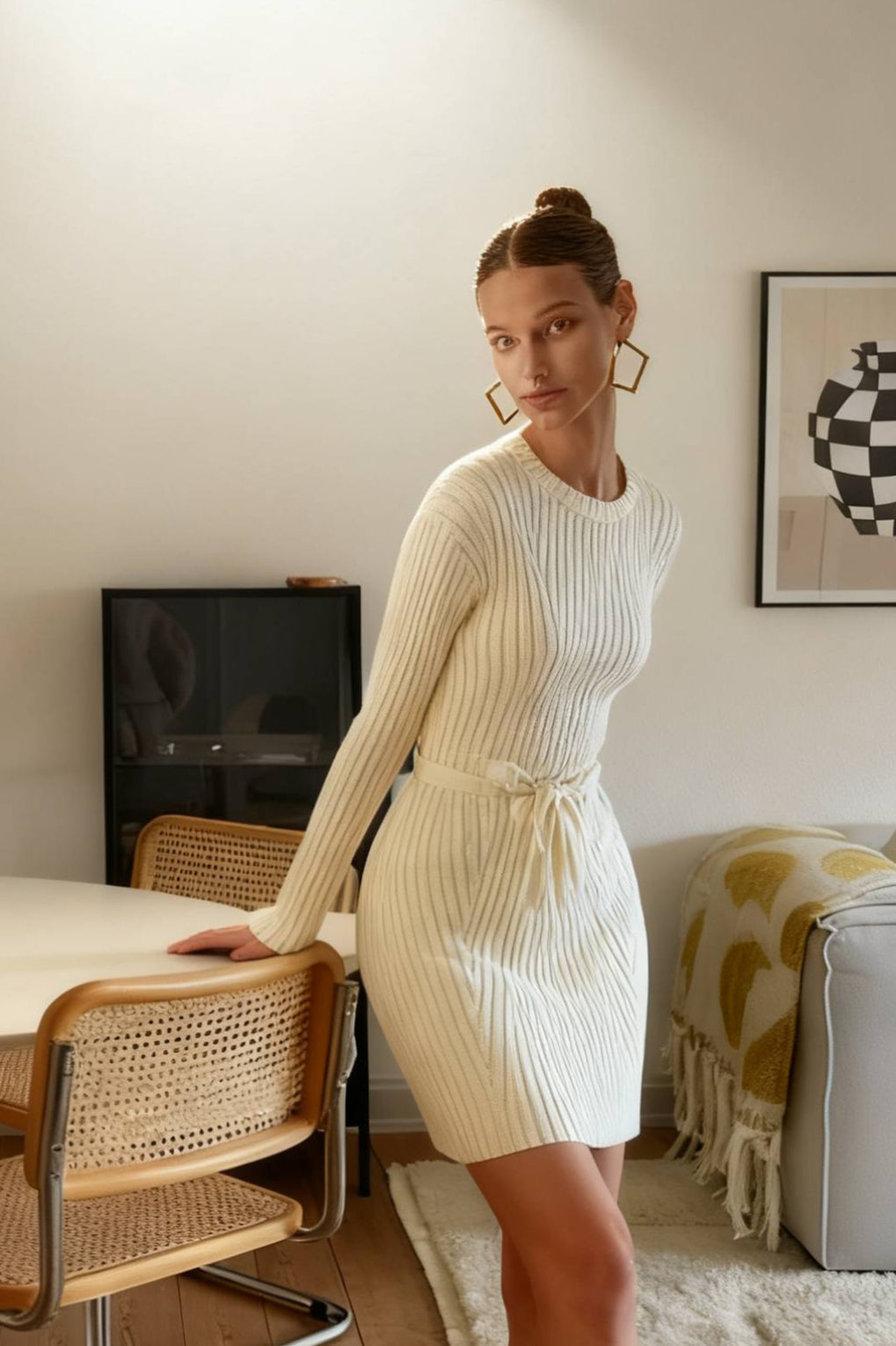 Cream Rib Long Trendy Sleeve Short Sweater Dress