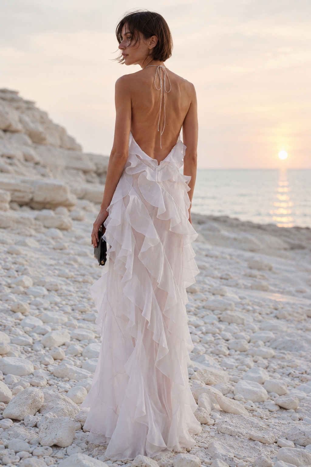 Organza Ruffle Plunge V-Neck High Split Maxi Dress 5