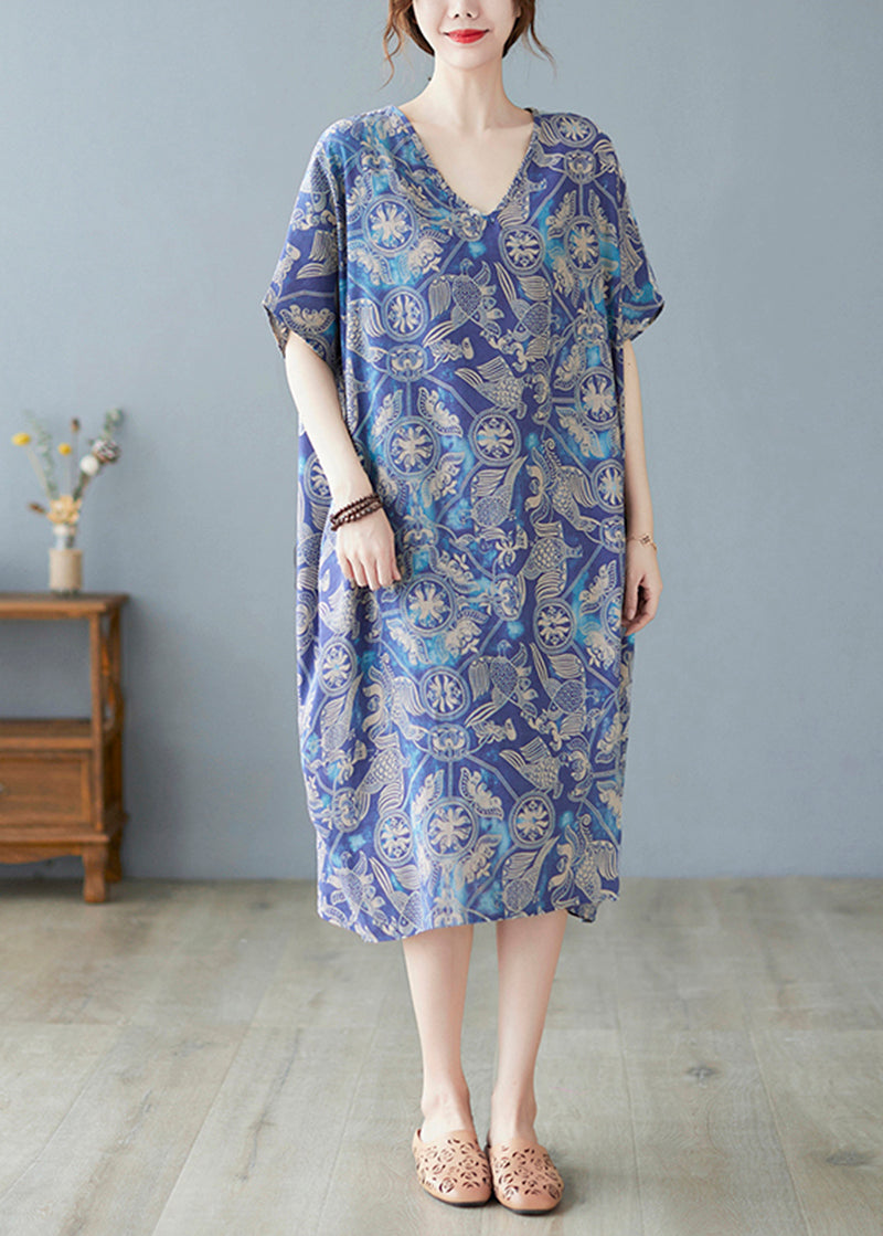 Crane Print V-Neck Short Sleeve Drop Shoulder Shift Midi Dress