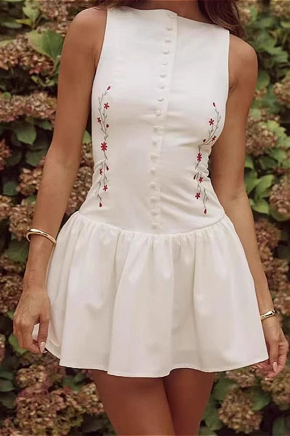 Embroidered Button Front Drop Waist Mini Dress