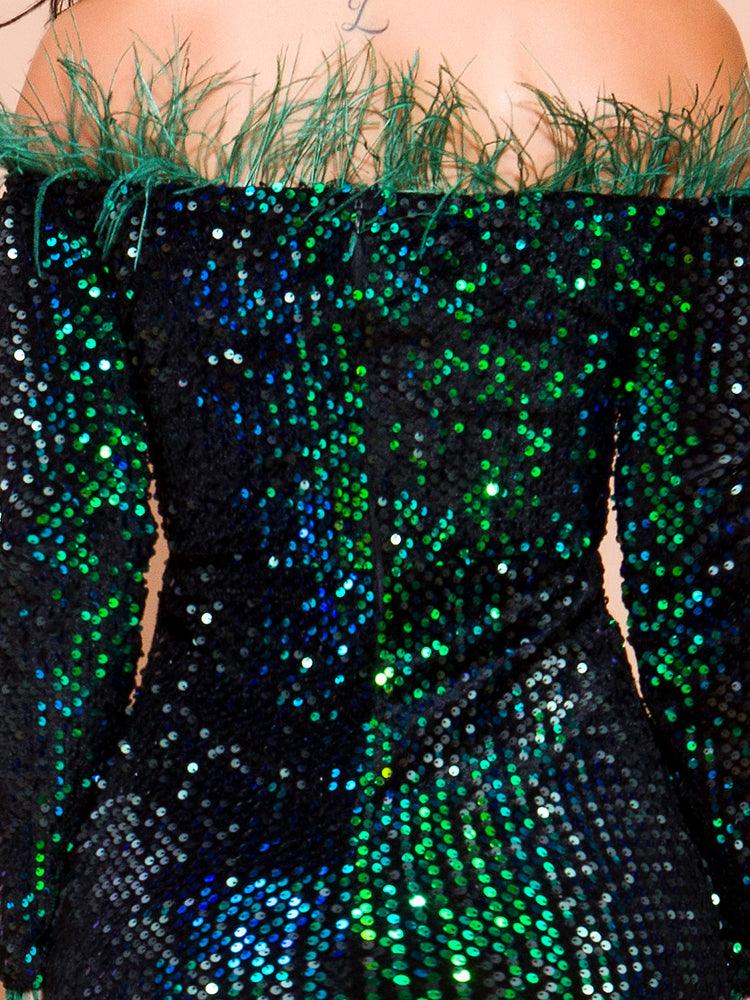 Emerald Green Feathered Mermaid Sequins Dress - Fashionpara