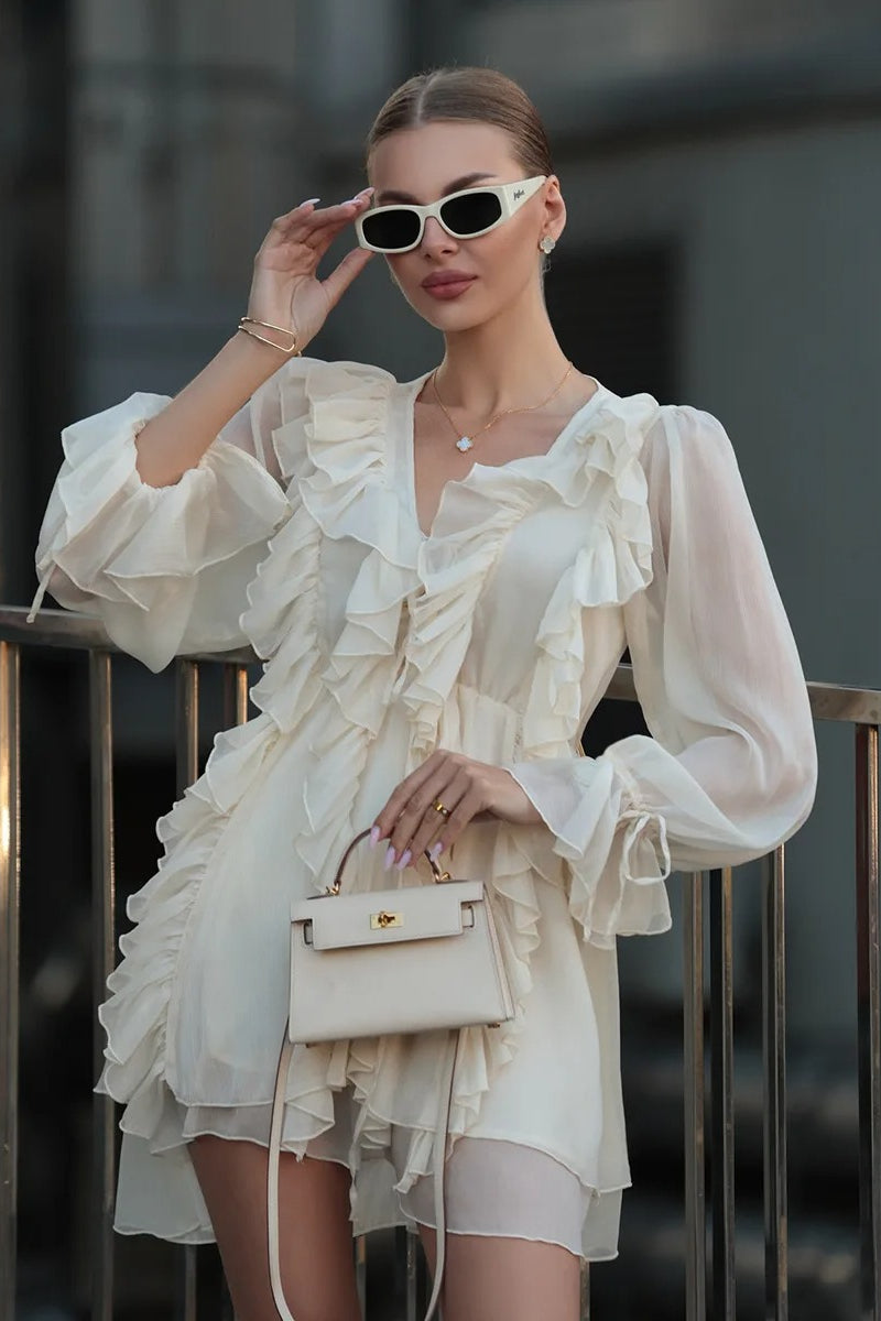 Chiffon Ruffle Tie Waist Mini Dress - View 3