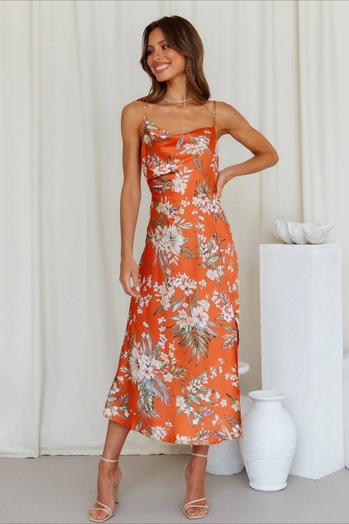 Floral Print Cowl Neck Spaghetti Strap Draped Slip Midi Dress