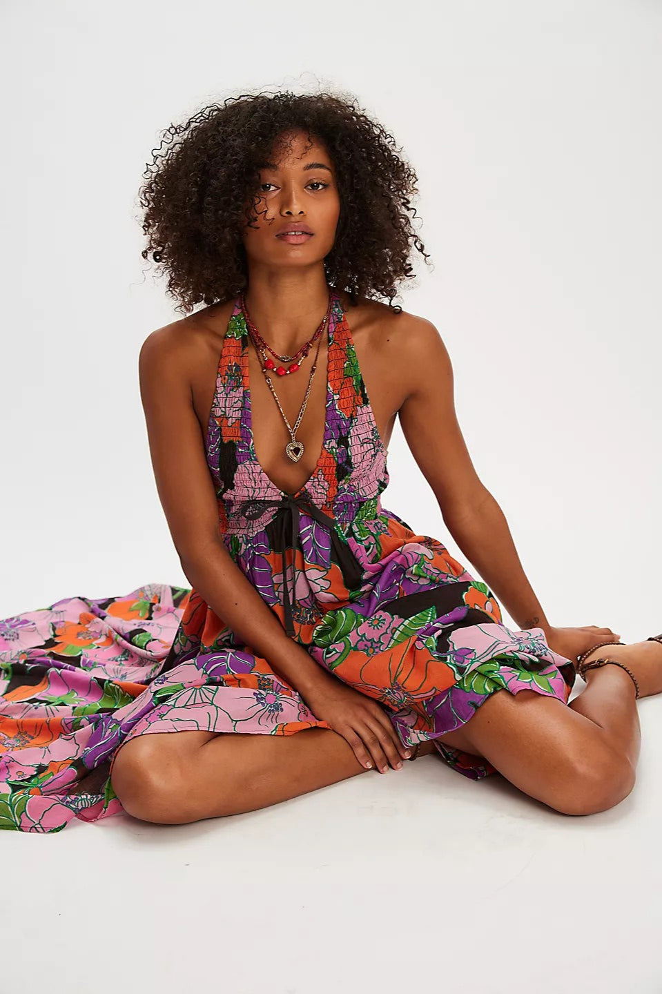 Floral Print Halter Plunge Smocked Bodice Dress