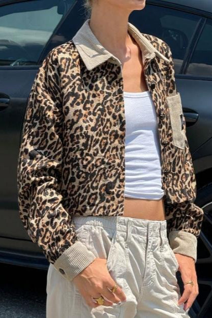 Leopard Print Corduroy Button Coat for Chic Winter Style