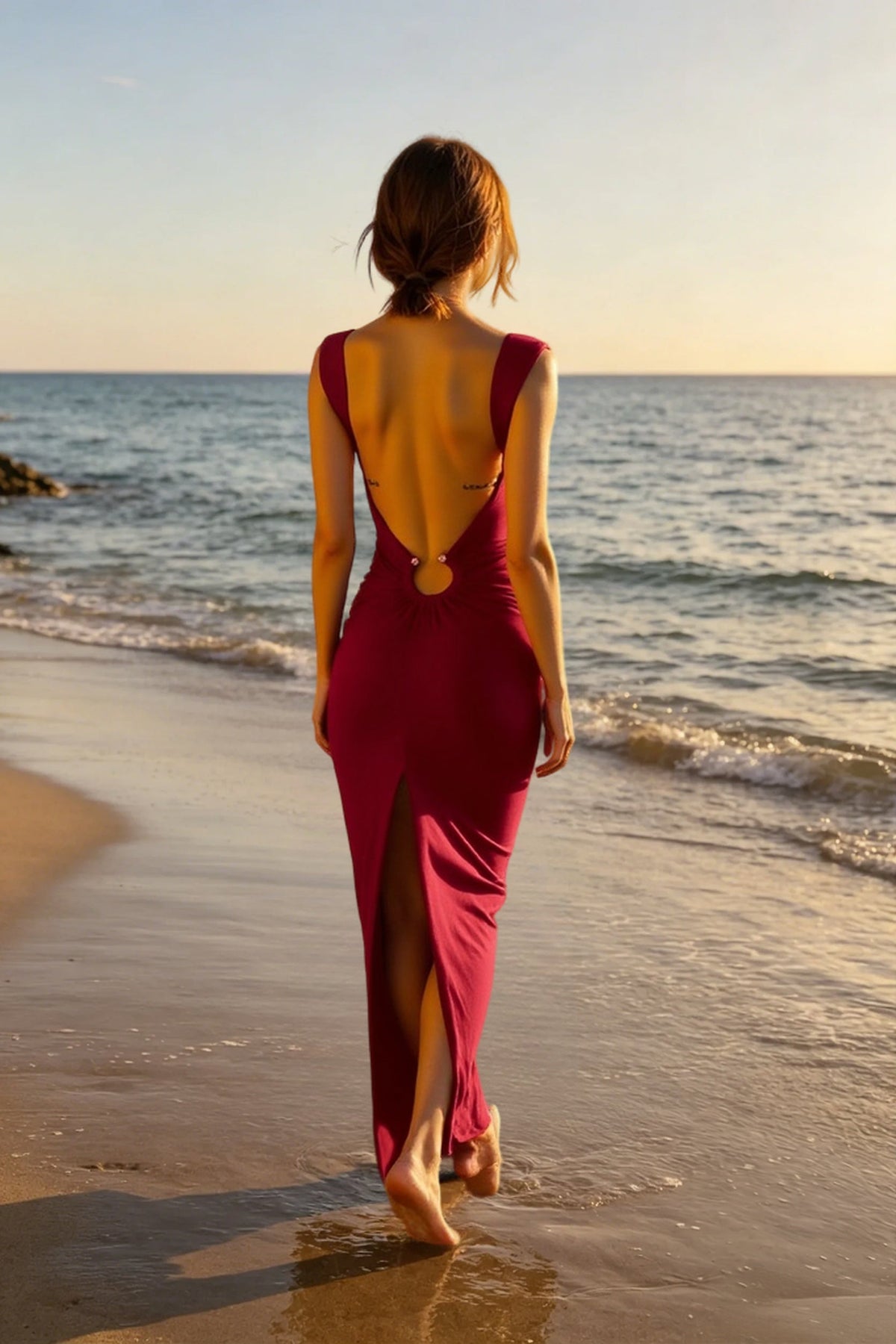 Cap Sleeve Deep-V Ring Cutout Ruched Maxi Dress