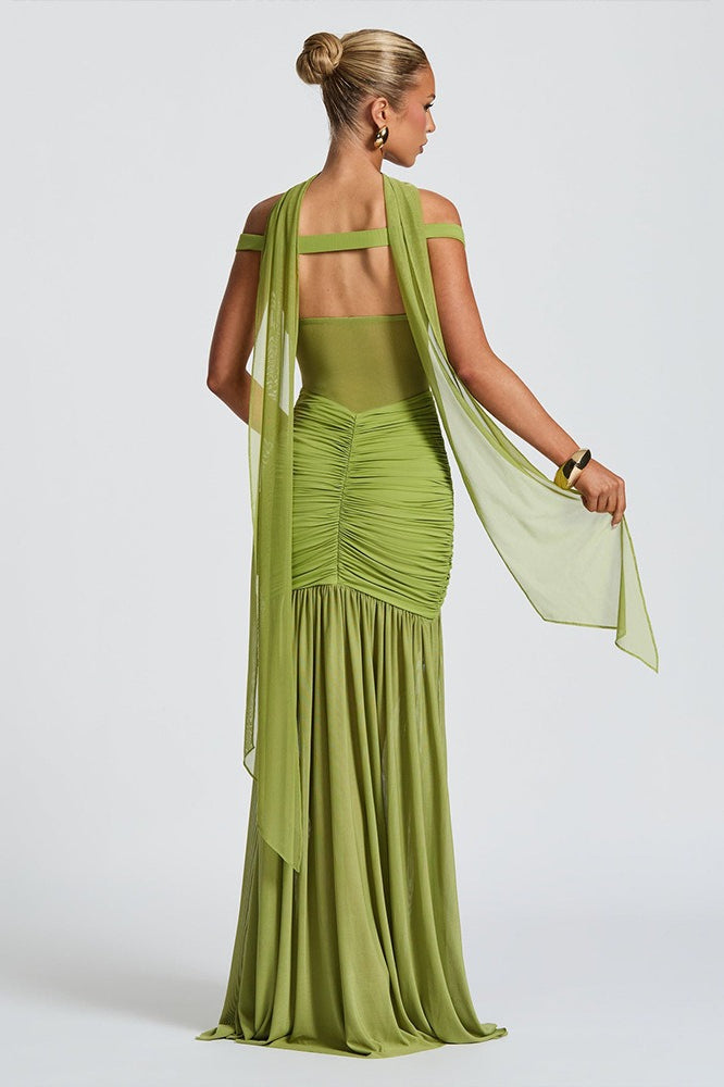 Mesh Off Shoulder Ruched High Split Mermaid Maxi Dress