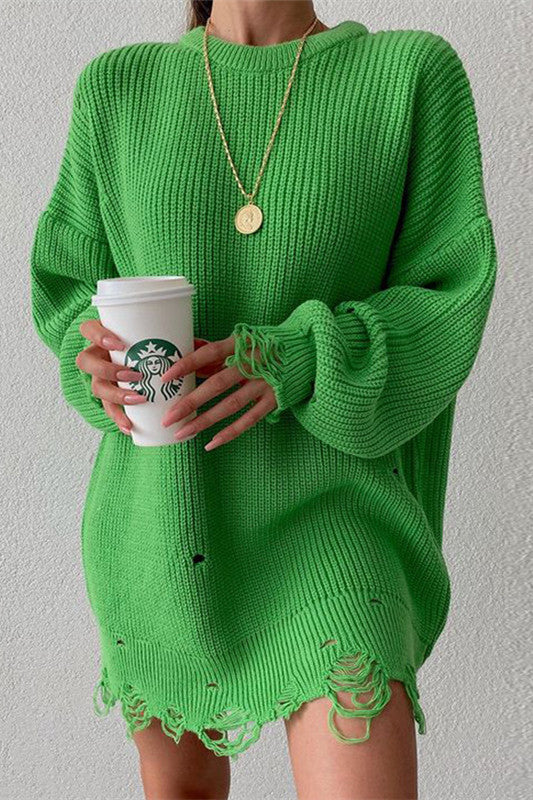 Ripped O Neck Oversized Sweater Dress for Effortless Style