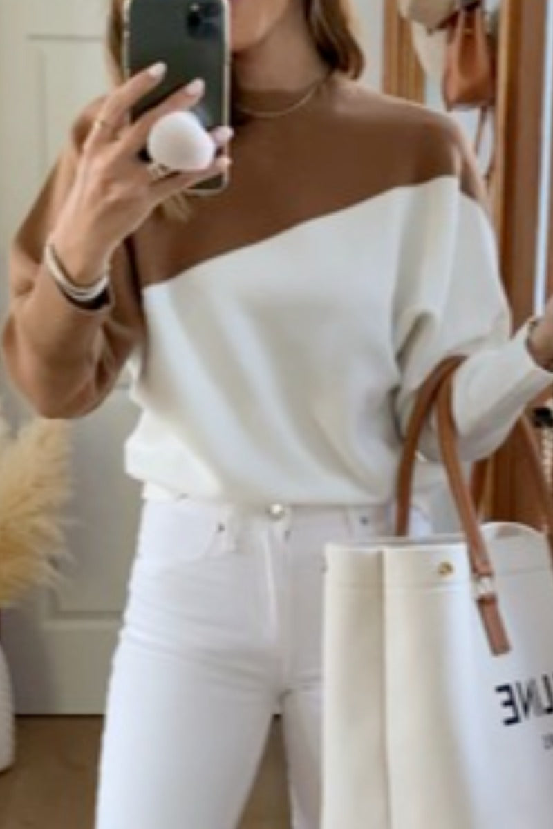 O Neck Patchwork Loose Brown Sweater  Fashionpara