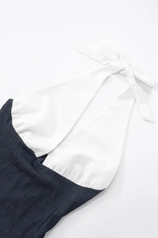 Two-Tone Halter Neck Plunge A-Line Flared Mini Dress